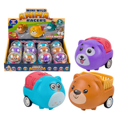 Colorful mini animal cars in a display box, featuring smiling faces and smooth-rolling wheels, ideal for kids.