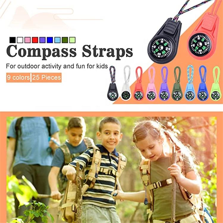 Compass straps for outdoor activities with colorful options and a scene of children hiking.