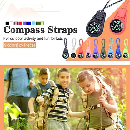 Compass straps for outdoor activities with colorful options and a scene of children hiking.