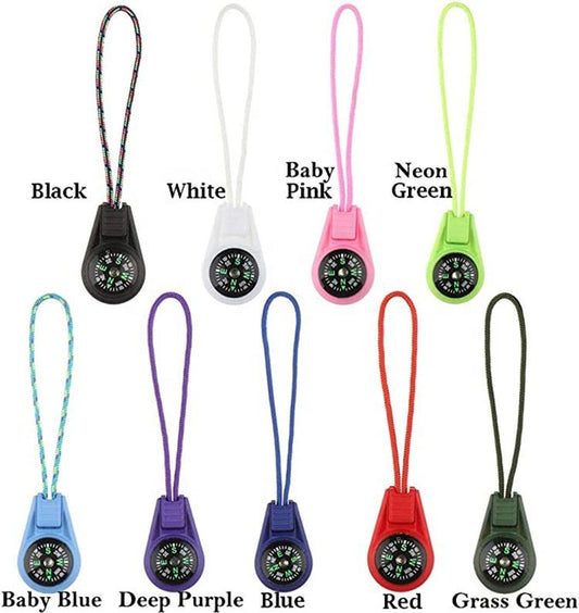 Set of colorful compass keychains with labeled colors on a white background