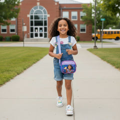 Children's bag with character design being carried by a girl leaving school