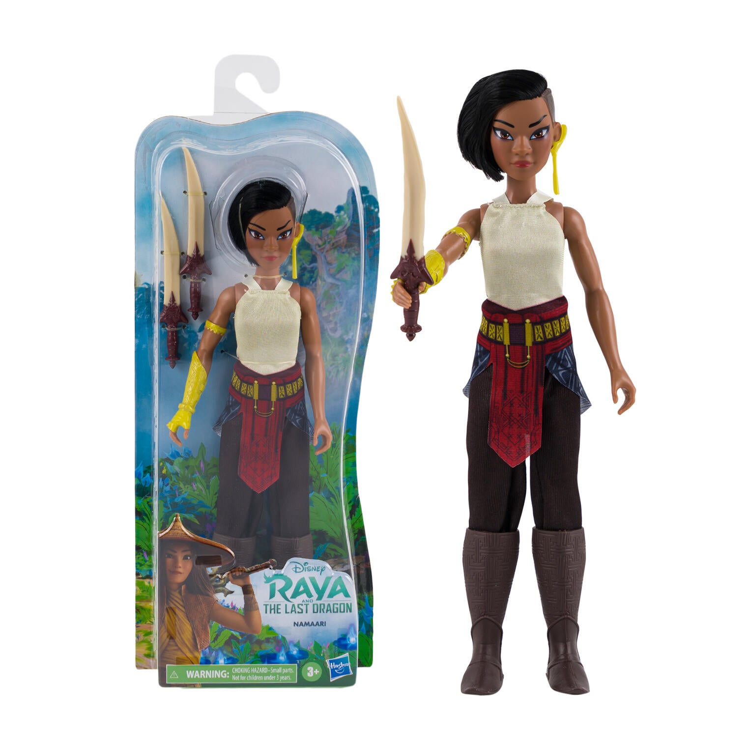 Toy figure of a character from 'Raya and the Last Dragon' with packaging on a white background