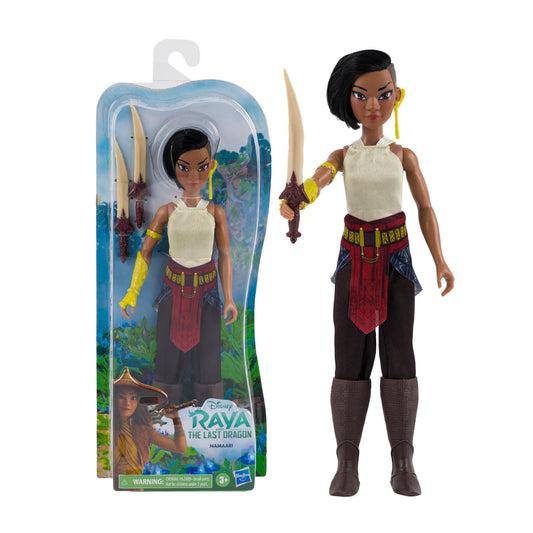 Toy figure of a character from 'Raya and the Last Dragon' with packaging on a white background