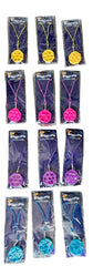 12 pack of bubble snap necklaces, 3 of each color, yellow, pink, purple and blue on a white background
