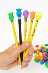 Hand holding five yellow pencils topped with colorful neon zoo animal erasers.