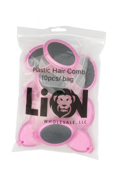 Packaged pink plastic hair combs with Lion Wholesale, LLC branding on a white background