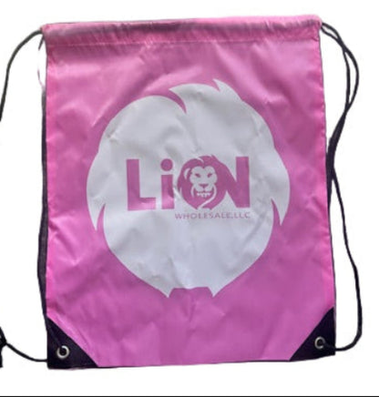 Pink flag with a white logo on a textured surface