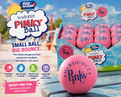 A box of pinky rubber balls in a display box ad 