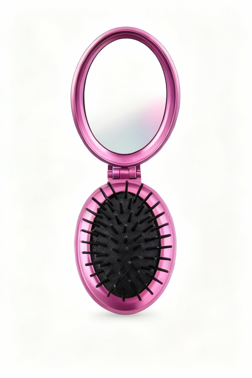 Pink handheld mirror with black bristle brush on a white background