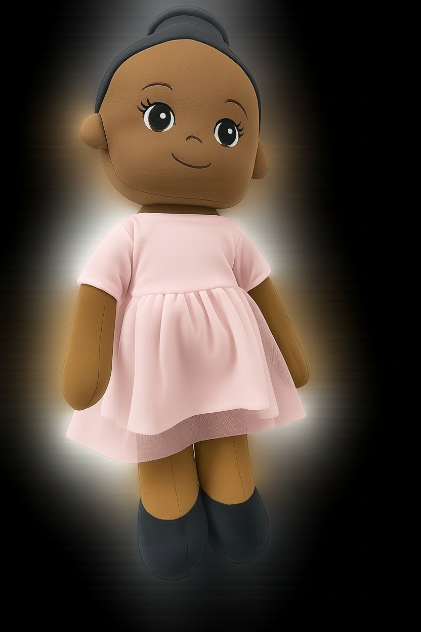 Plush toy doll with brown skin, wearing a pink dress and black shoes on a unfocussed  background
