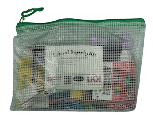 Complete school supply kit in a clear bag