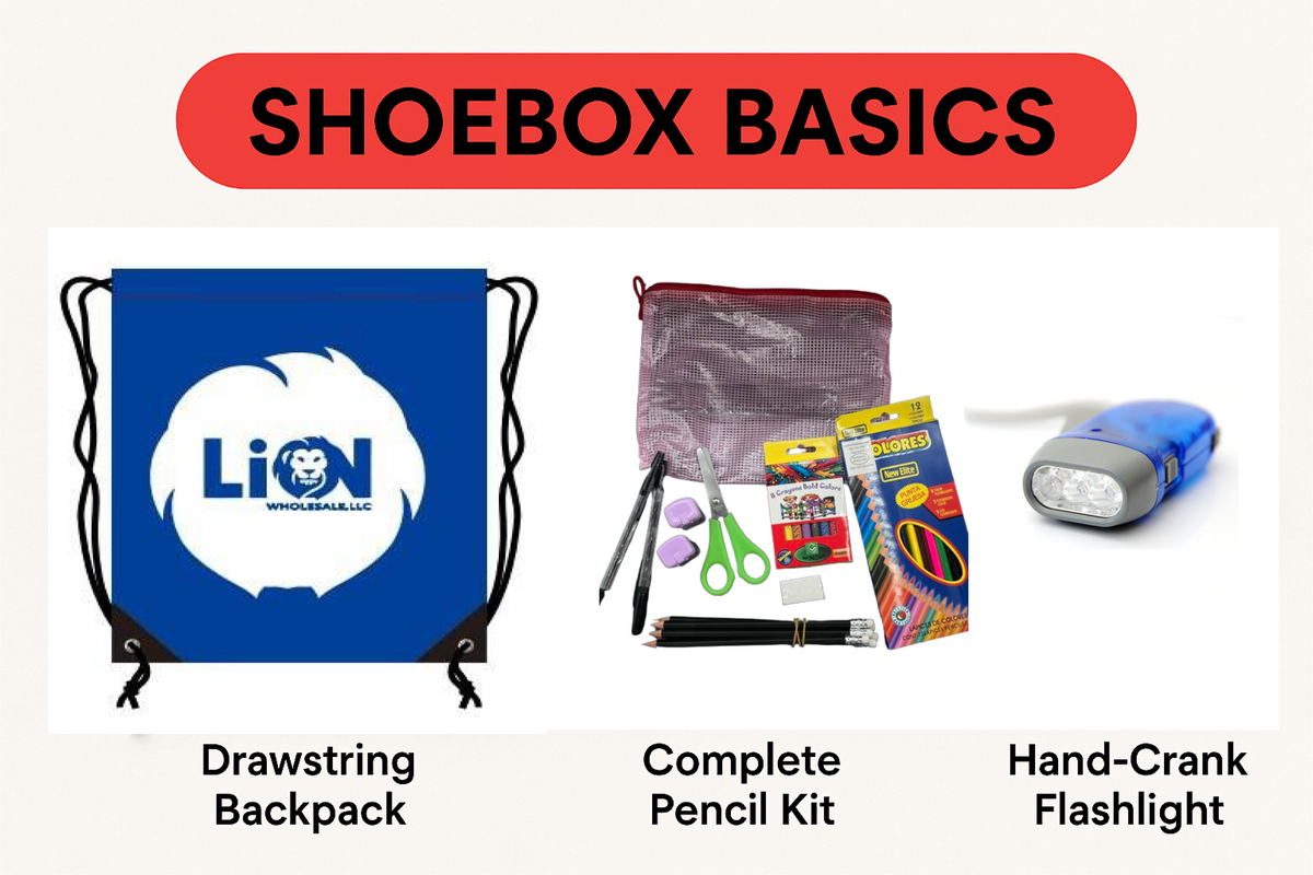 Shoebox Basics bundle featuring a drawstring backpack, complete pencil kit, and hand-crank flashlight.