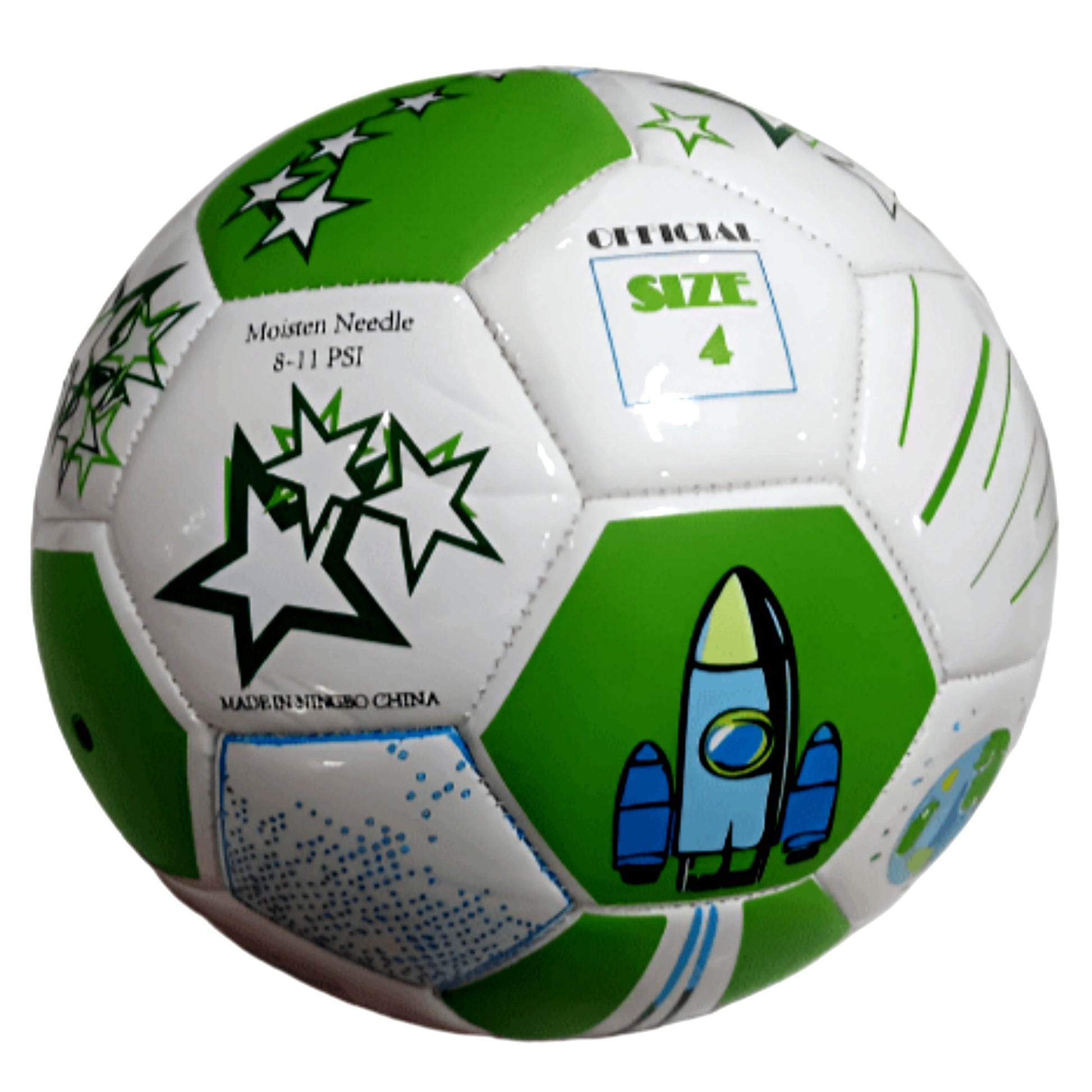 Size 4 soccer ball featuring green and white design, suitable for players of all levels, with pump and needles included.
