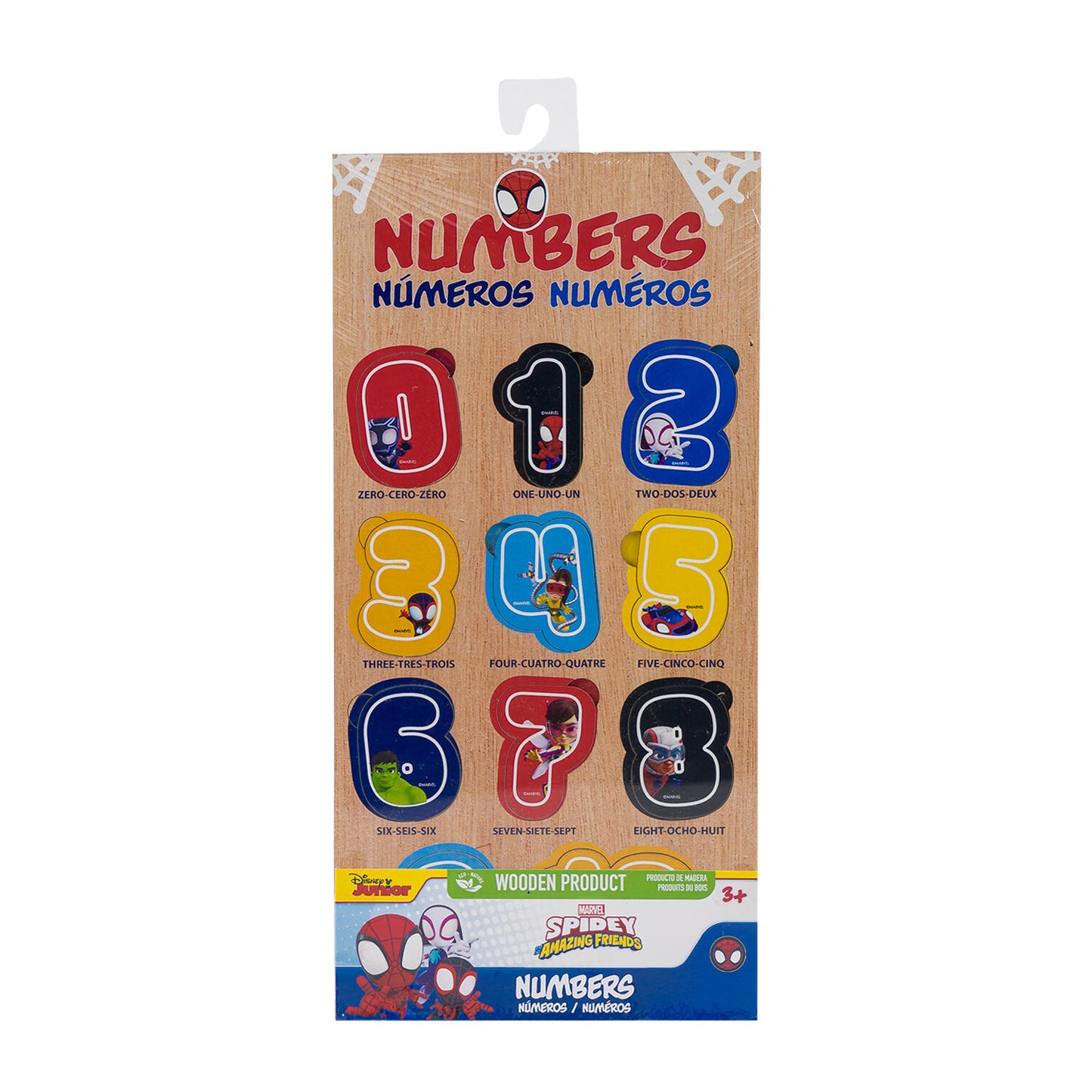 Marvel Spidey Learning Board showcasing colorful numbers 0-9 for early math learning and fun.