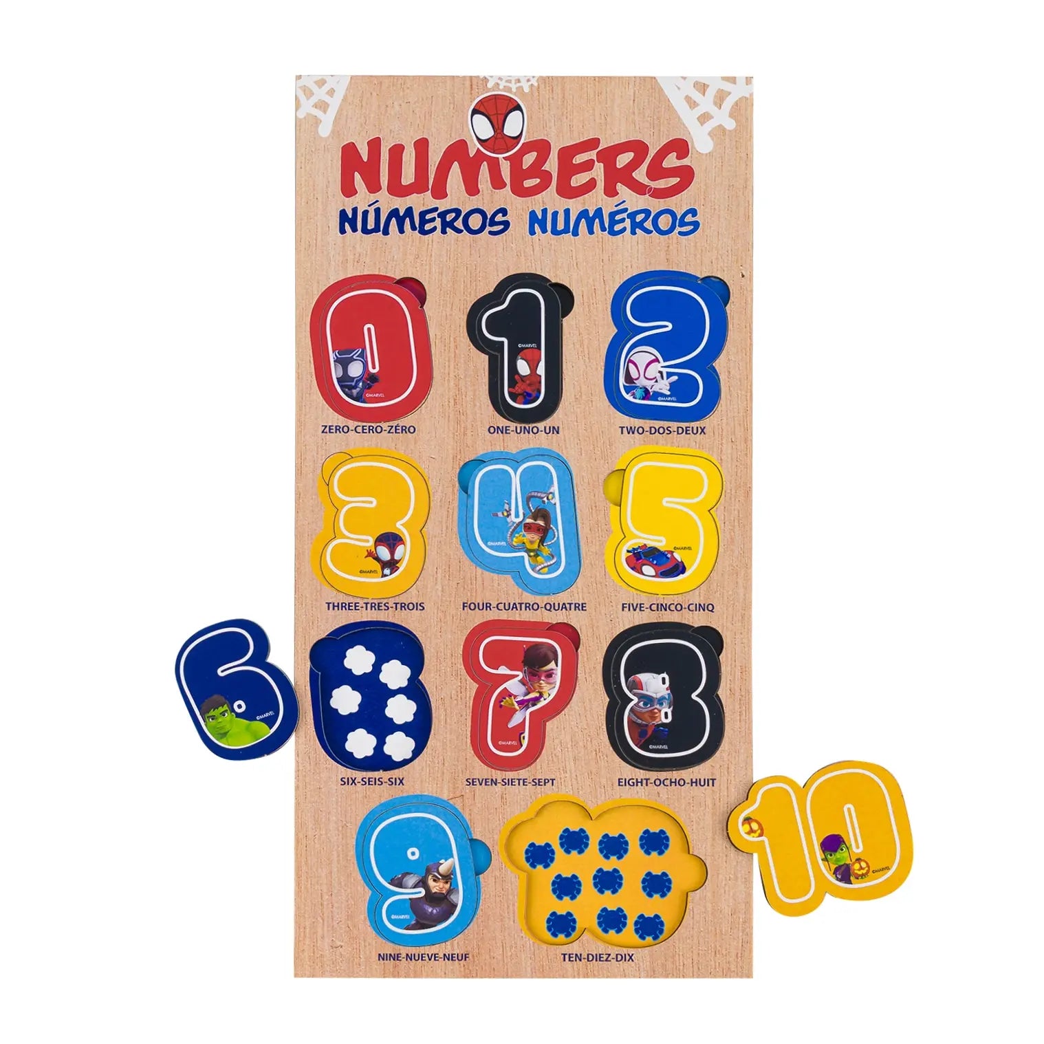 Marvel Spidey Learning Board featuring colorful numbers 0-10 for early math learning and skill development.
