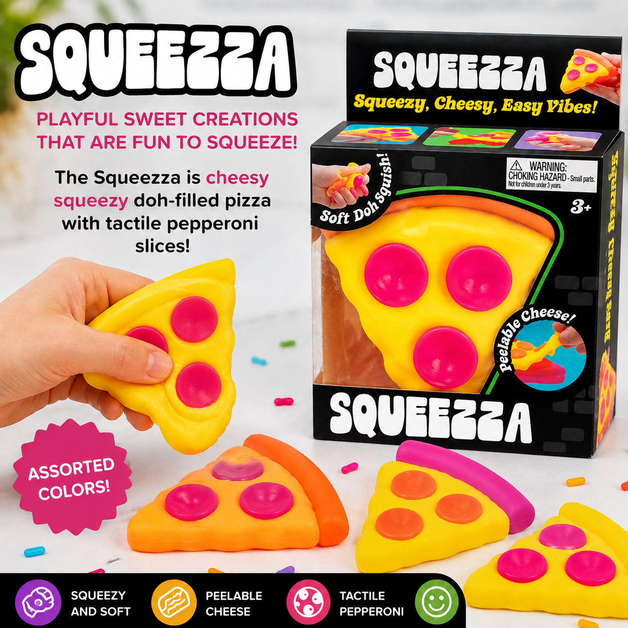 Squeeza pizza squishy fidget toy in box and layed on table, photo ad 