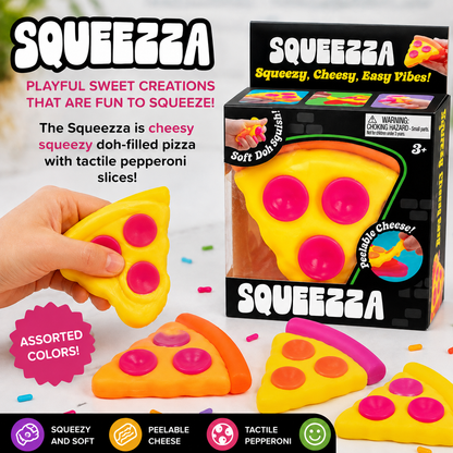 Squeeza pizza squishy fidget toy in box and layed on table, photo ad 