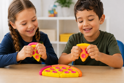 2 kids sitting at a table playing with a Squezza pizza squishy toy 