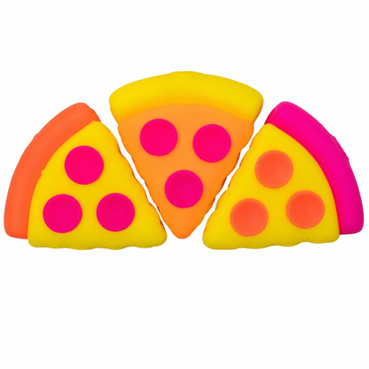 Squezza pizza with pepperoni  squishy toy 3 different color variations on white background