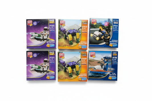 Collection of toy packaging boxes on a white background