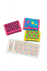 Four colorful wallets with different patterns on a white background