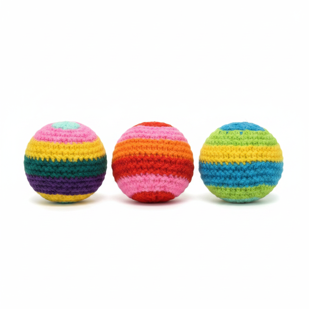 Airgo Crochet Foot Bags 3 multicolored balls with a white background