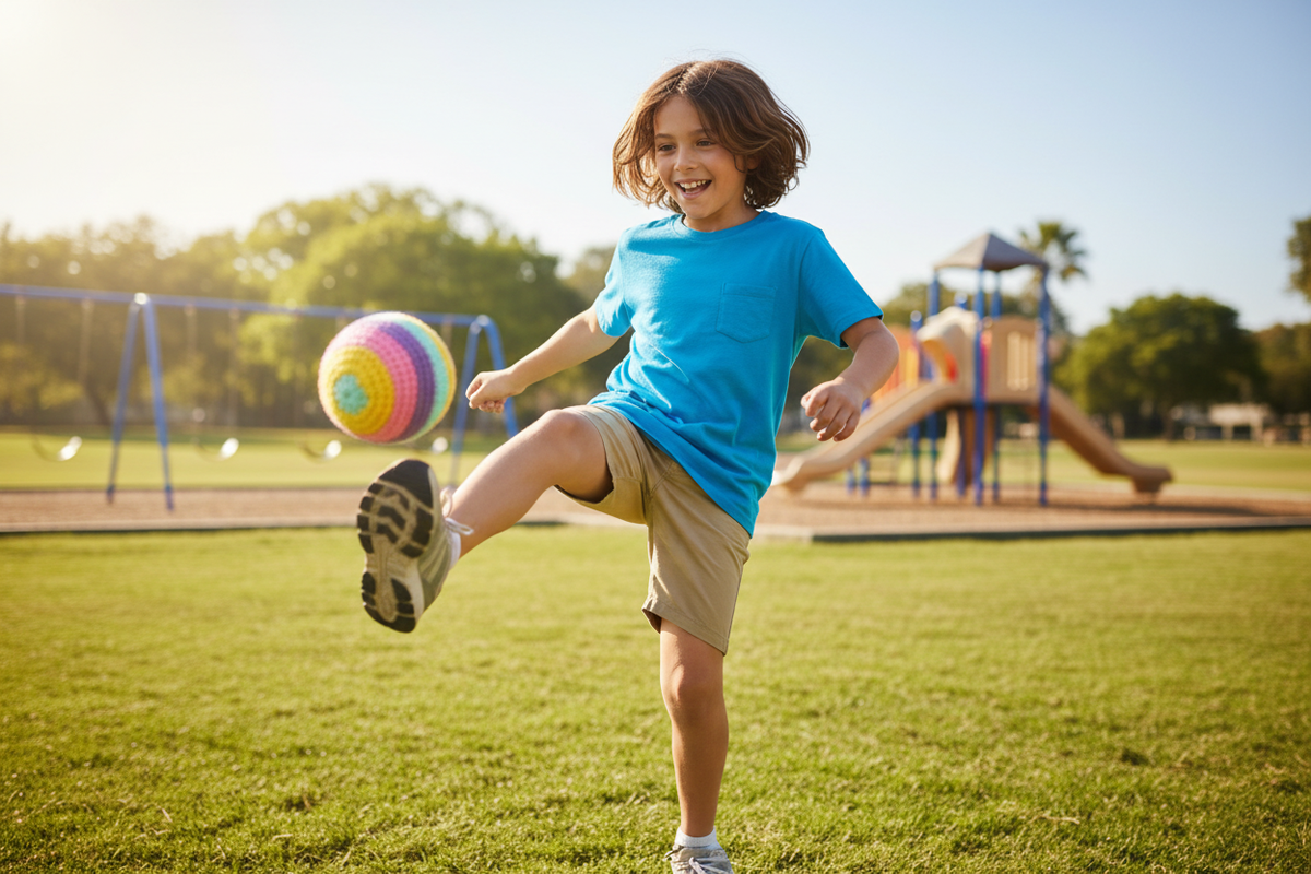 Child kicking Airgo Foot Bag into the air