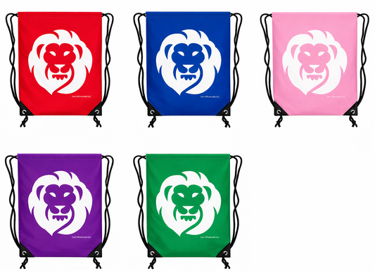 Set of six drawstring bags in red, blue, pink, purple, green, and white with a lion logo on a white background.