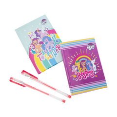 Two notebooks with colorful designs and two pens on a gray background