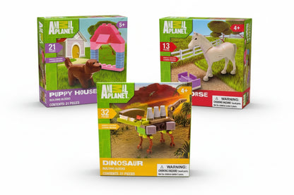 Three boxes of Animal Planet building blocks toys for puppies, farm horses, and dinosaurs on a white background.