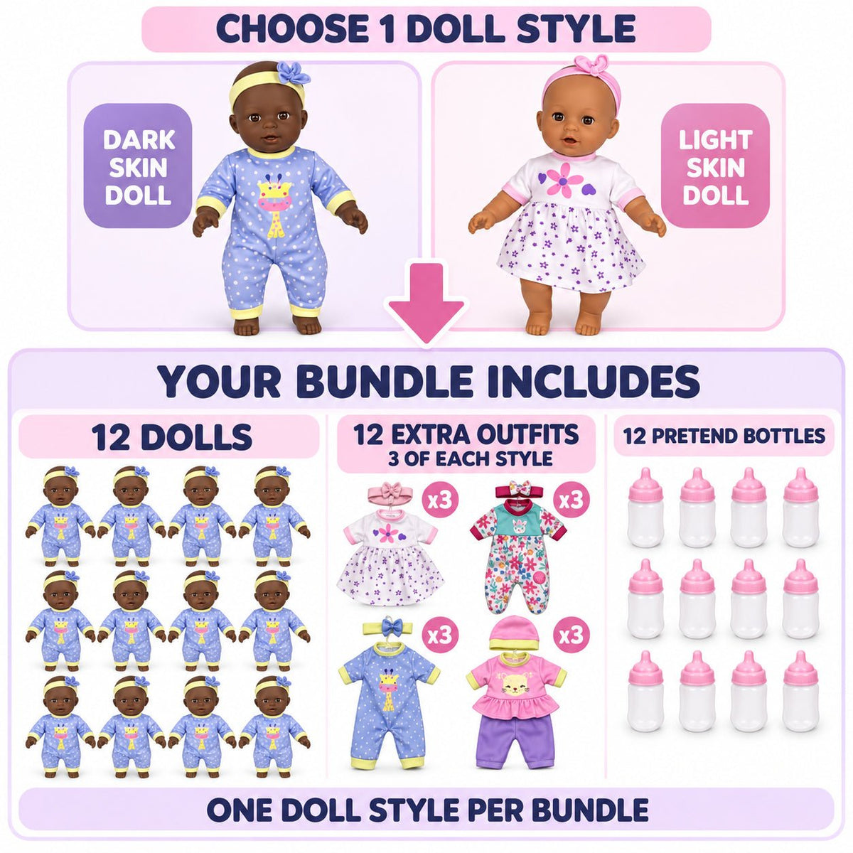 Baby Doll Bundle: Includes Doll, Outfit and Pretend Baby Bottle - Lion Wholesale