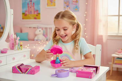 Barbie Mini BarbieLand, child playing with barbie case with mini barbie inside 