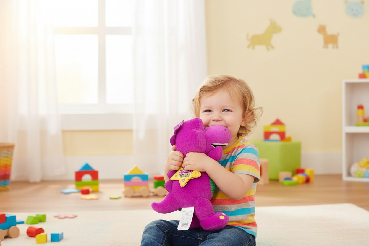 Barney's World Plush child hugging barney plush toy