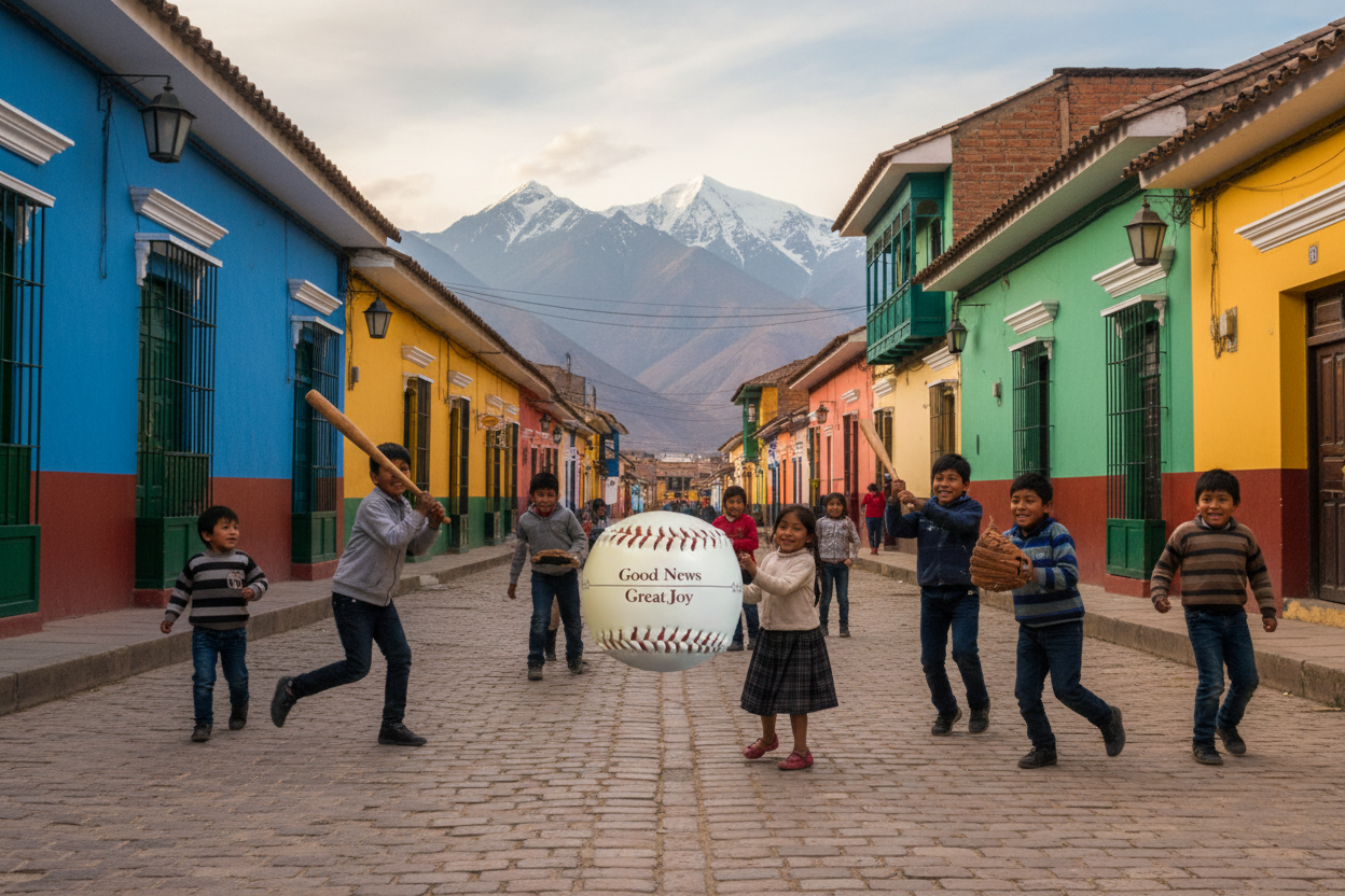 Baseball with 'Good News Great Joy' text held by a hand with kids playing in the background