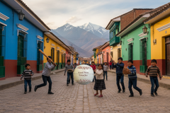 Baseball with 'Good News Great Joy' text held by a hand with kids playing in the background