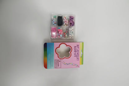 Jewelry bead kit with colorful beads and packaging on a white background