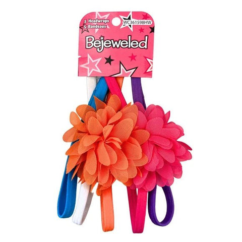Bejeweled 5 Piece Hairband with Flowers in Assorted Colors - Lion Wholesale