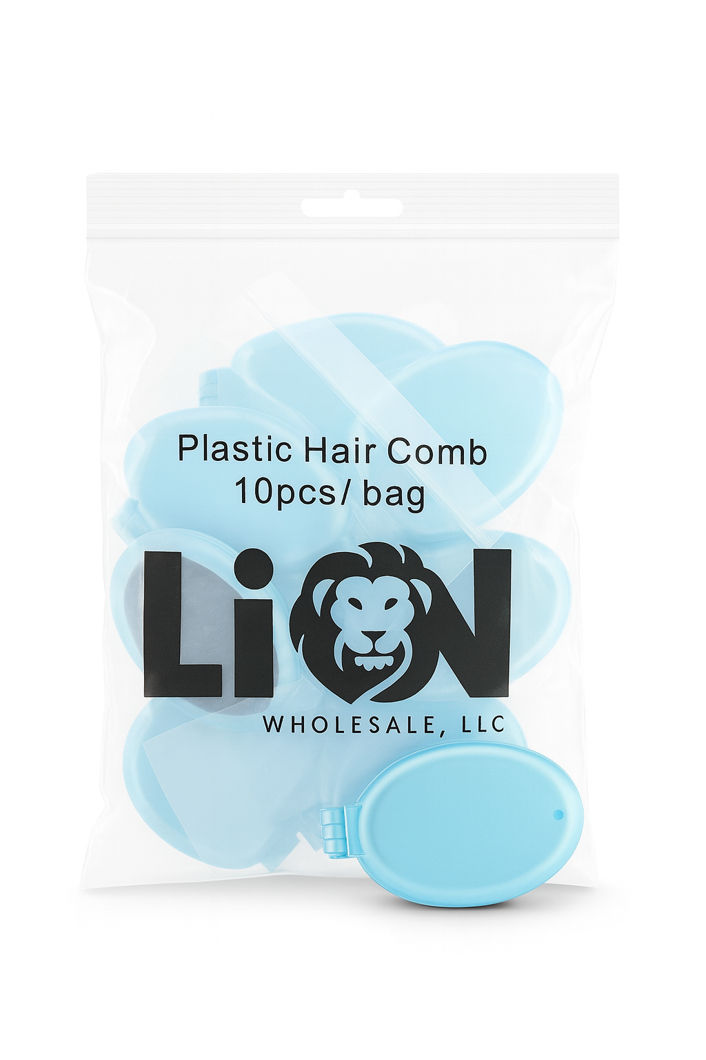 Packaging of plastic hair combs with Lion Wholesale, LLC logo on a white background