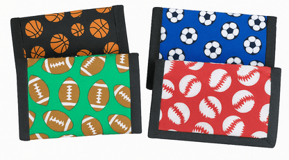 Boys Sports Velcro Wallet – Trifold | Basketball, Soccer, Football & Baseball Prints | Ages 3+ - Lion Wholesale