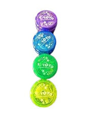 Four stacked LED Light Toy Yo-Yos in vibrant purple, blue, green, and yellow colors.