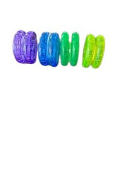 Four vibrant bulk LED light toy yo-yos in assorted colors are lined up from left to right on a white background.
