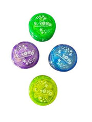 The Bulk LED Light Toy Yo-Yos, available in four vibrant colors—green, purple, blue, and yellow—Shown in a circle pattern