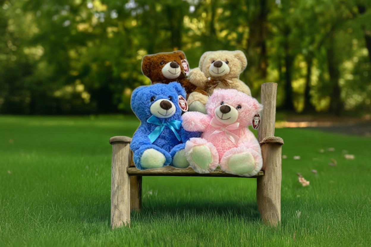 Four soft and cuddly teddy bears, part of the 4 each 11-Inch Plush Bear Collection, in pink, blue, tan, and brown