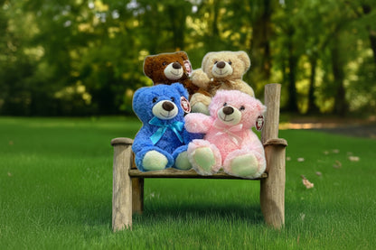 Four soft and cuddly teddy bears, part of the 4 each 11-Inch Plush Bear Collection, in pink, blue, tan, and brown