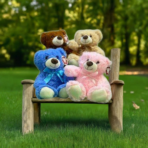 Four soft and cuddly teddy bears, part of the 4 each 11-Inch Plush Bear Collection, in pink, blue, tan, and brown