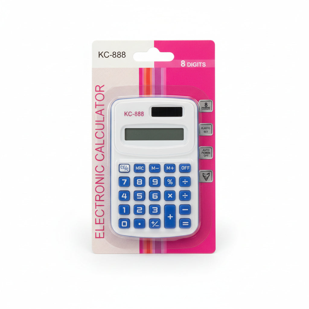 Small electronic calculator on a pink packaging with text