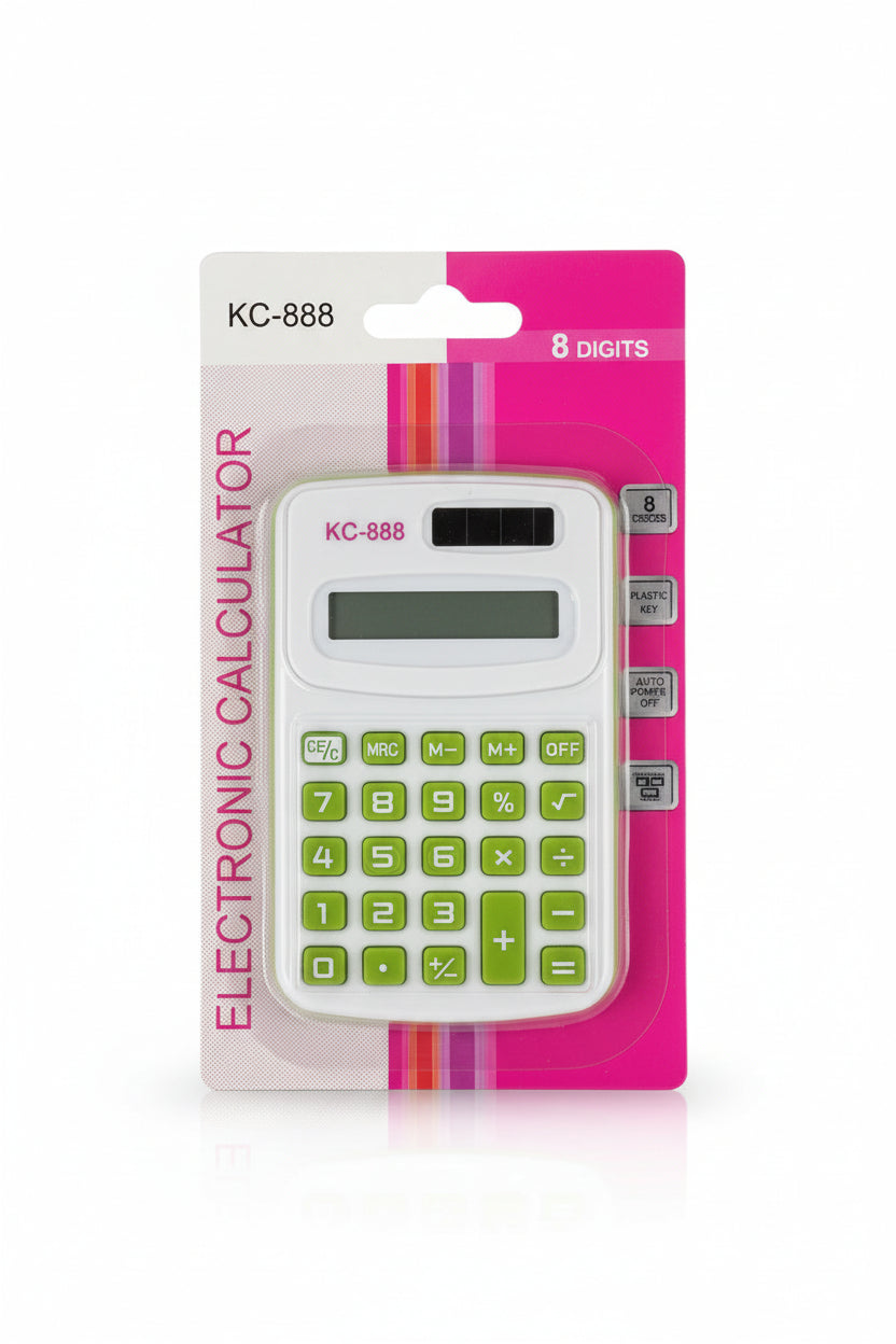 Small calculator with green buttons on a pink card with text