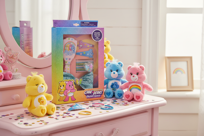 Care Bears Hair Set In-Package on a vanity next to care bears 