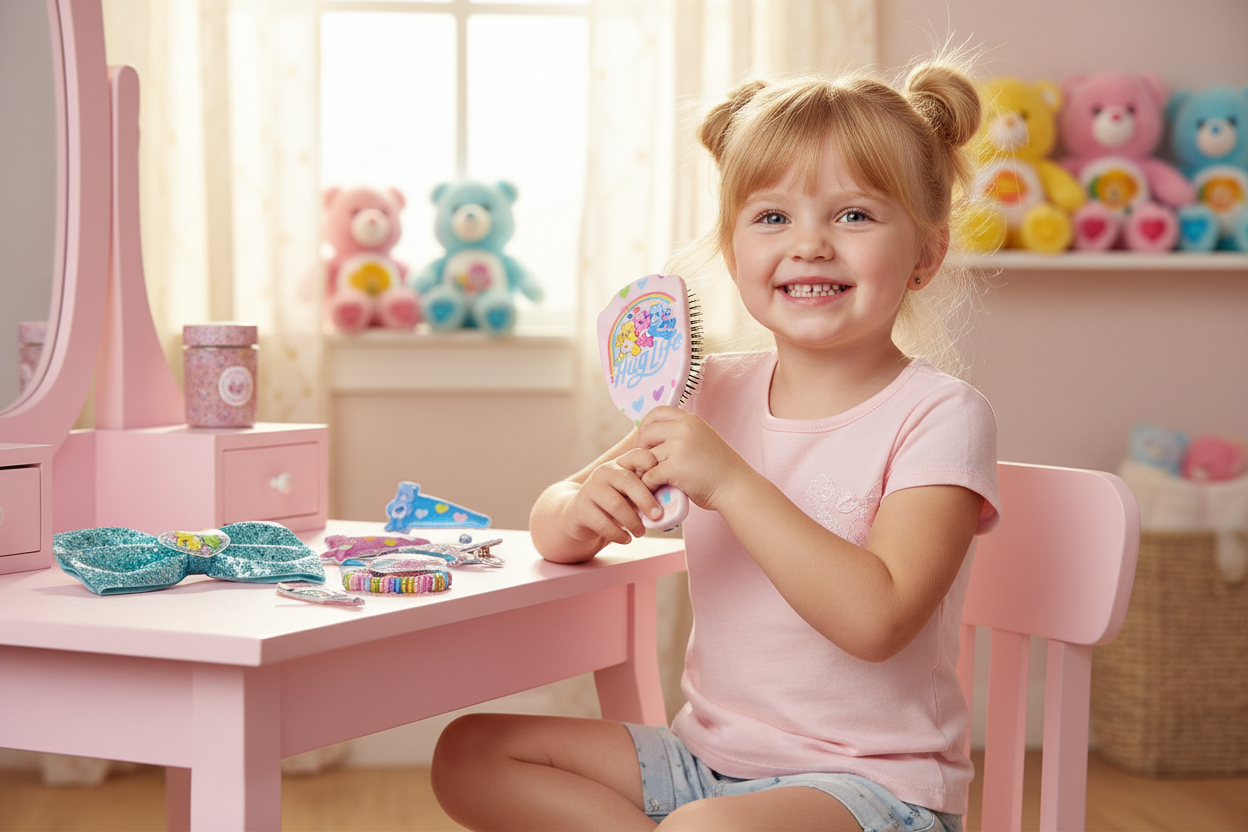 child holding brush from Care Bears Hair Set 