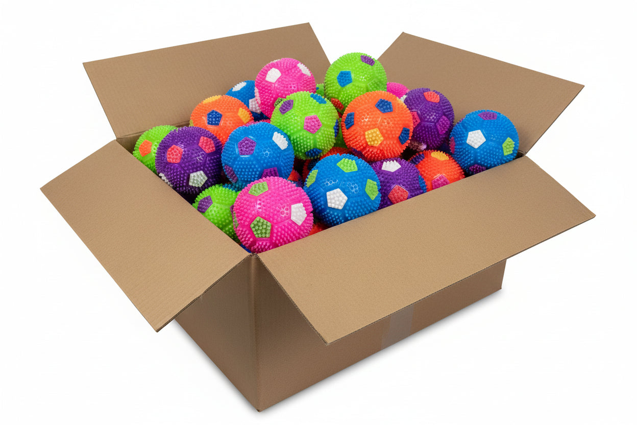 A cardboard box that is full of 6.5CM LED Spiky Bouncy Balls with squeakers inside that have a soccer ball design multicolor